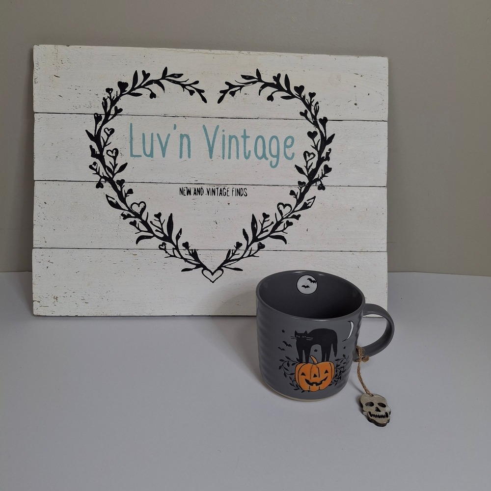 Prima Design Halloween Mug Black Cat Pumpkin Bat Moon Gray Ceramic‎